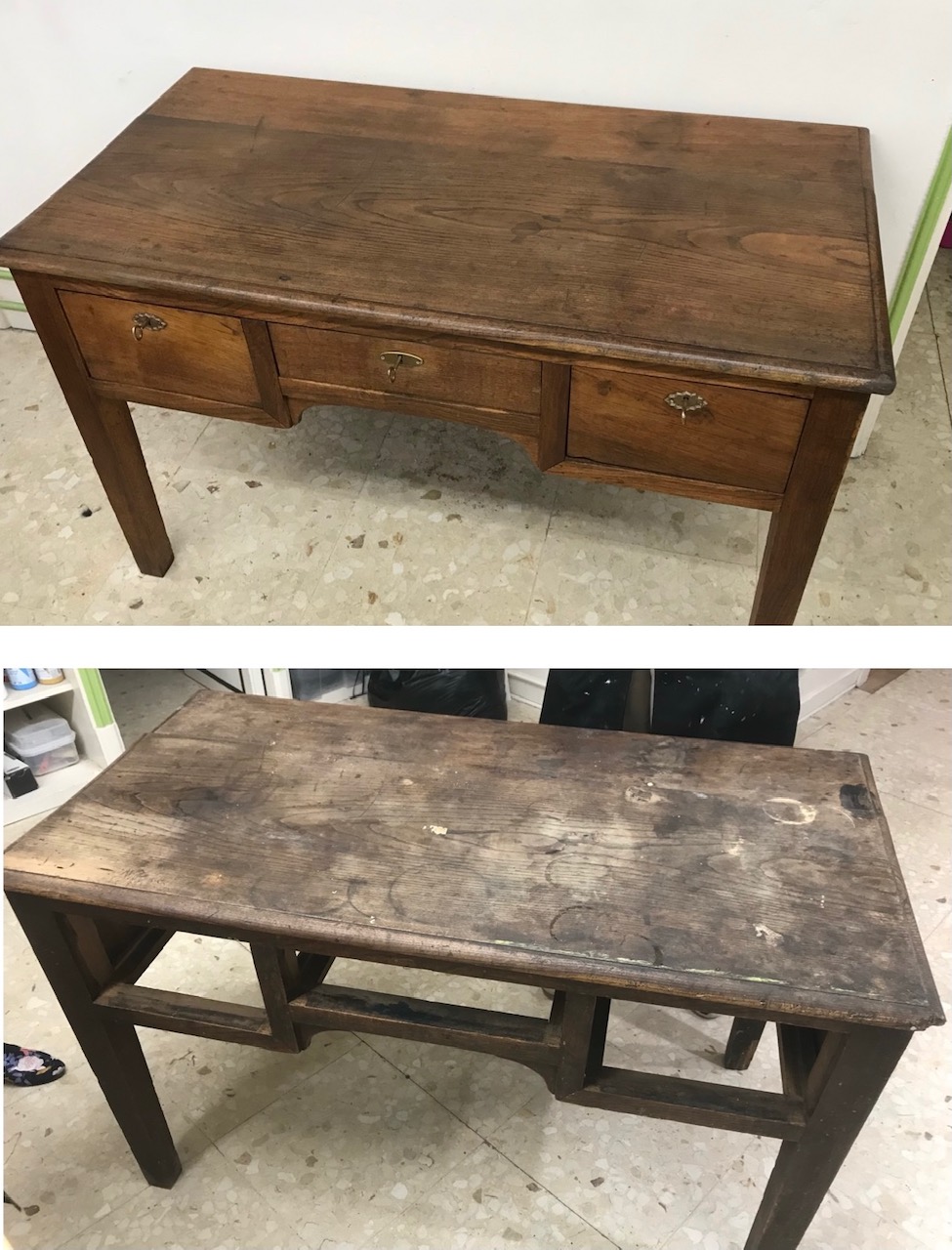 Restauración de mesa de madera, F Restauración de mesa de madera, antes y después. La Fermata
